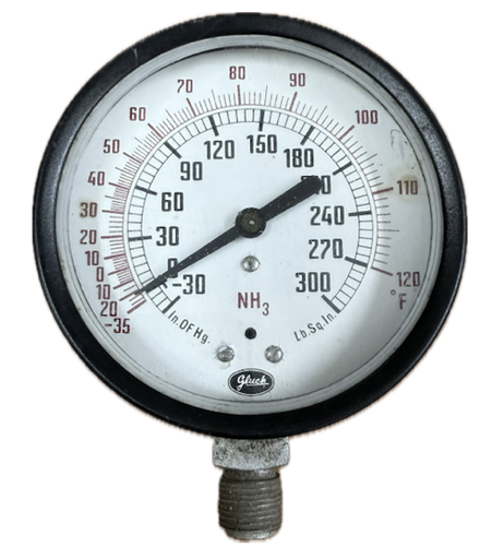 [1673] PRESSURE GAUGE 4" -30INHG-300PSI 3/8" BOTTOM GLUCK AMMONIA