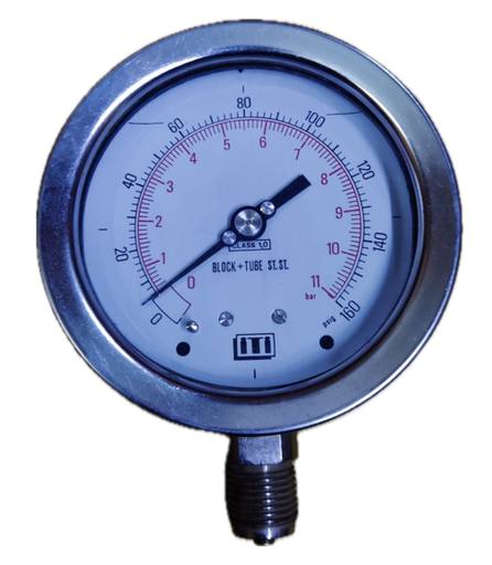 [8316] PRESSURE GAUGE 4" SS 11BAR/160PSI 1/2" BOTTOM GLYCERINE ITI UK