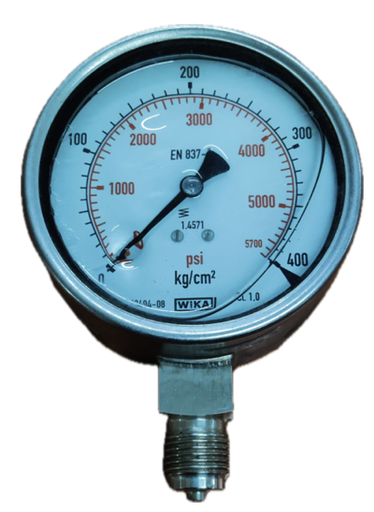 [8325] PRESSURE GAUGE 4" SS 400BAR/5700PSI 1/2" BOTTOM WIKA GLYCERINE
