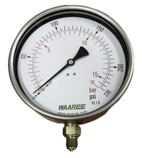 [8343] PRESSURE GAUGE 6" SS 16BAR/230PSI 3/8" BOTTOM GLYCERINE WAREE