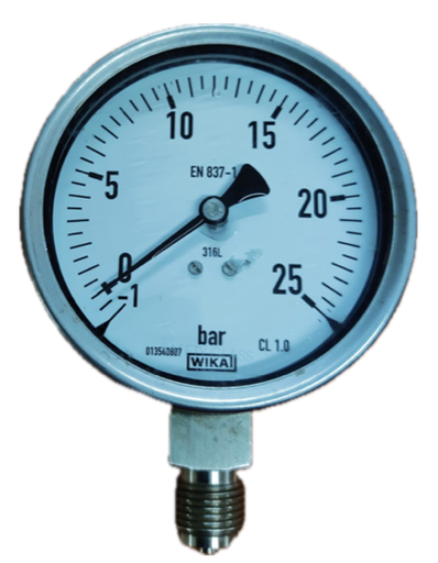 [8349] PRESSURE GAUGE 4" SS 25BAR GLYCERINE 1/2" BOTTOM WIKA